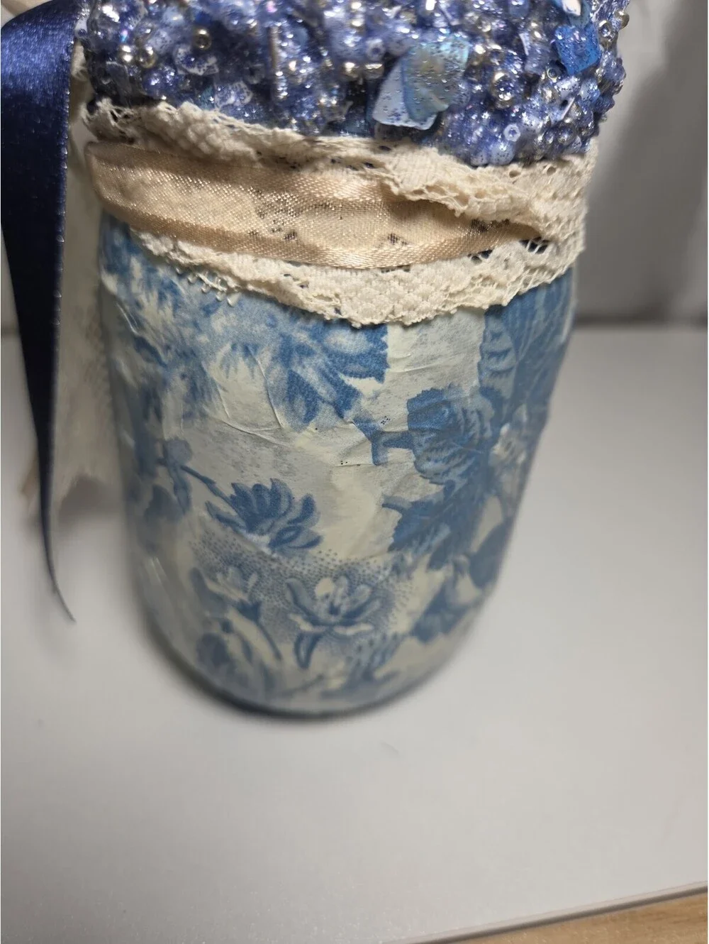 Cottagecore Decoupage Glass Jar  Wood Flower Centerpiece Upcycled Vase Decor